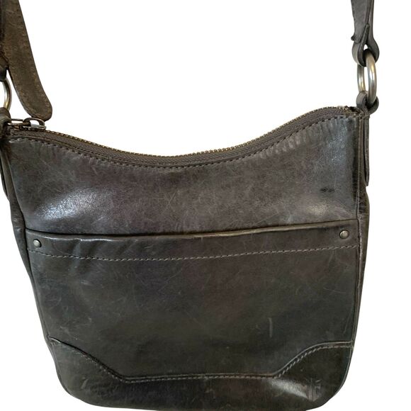 Frye Melissa Swing Crossbody Dark Gray Leather Plaid Lining Zip Closure - Picture 3 of 10